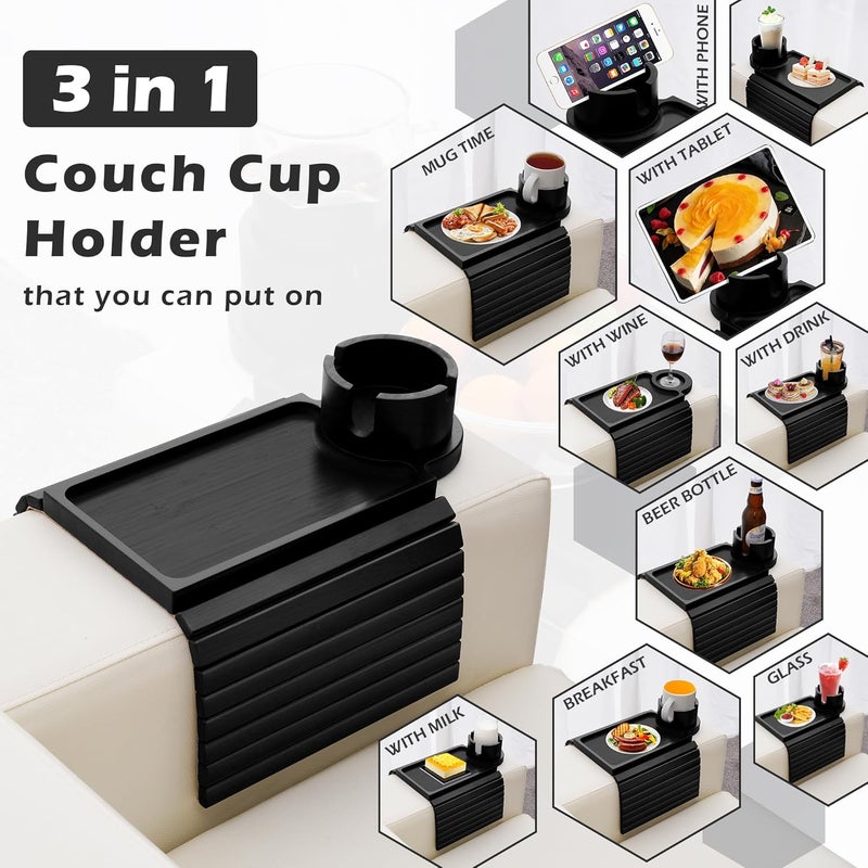 GHKINMAL Couch Cup Holder Tray, 3 in 1 Large Couch Arm Trays,Bamboo Chair Clip on Tray with 360° Ratated Phone Holder for Couch,Armrest Tray for Snacks,Remote,Phone - Image 3